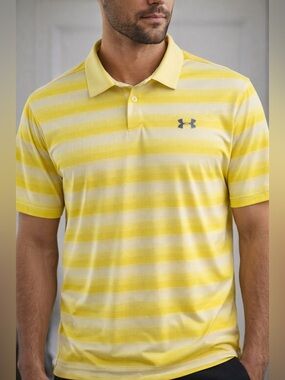 Under Armour Men’s Yellow Striped Performance HeatGear Golf Polo Loose Fit
